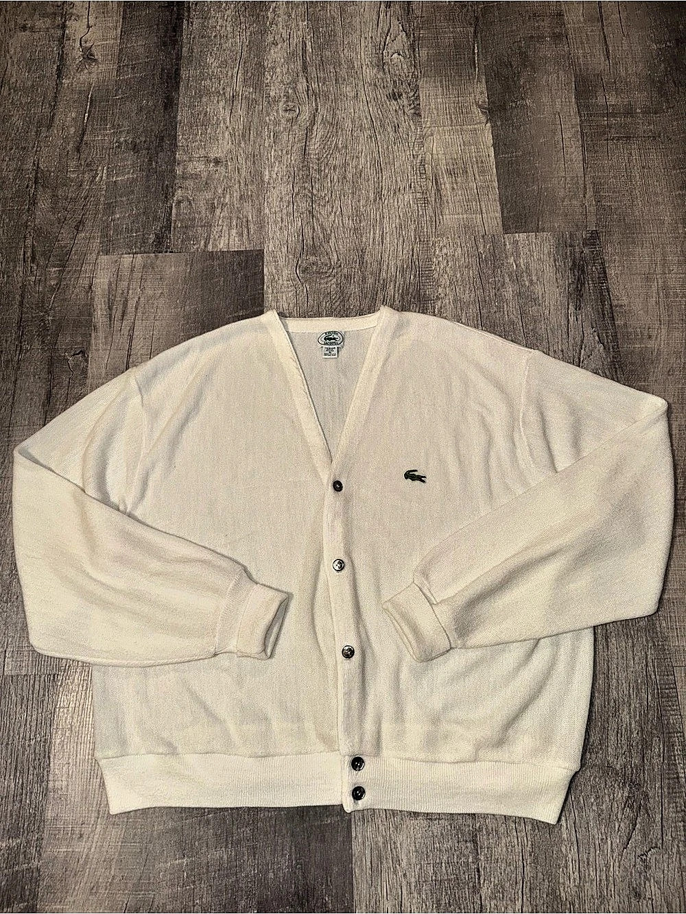Vintage IZOD Lacoste Men’s XL White V-Neck Cardigan Sweater Crocodile Logo USA